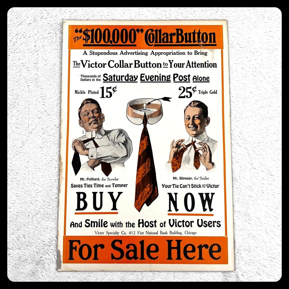 1920s Victor Collar Button Vintage Advertising‎ Sign 21" Cardboard Collar